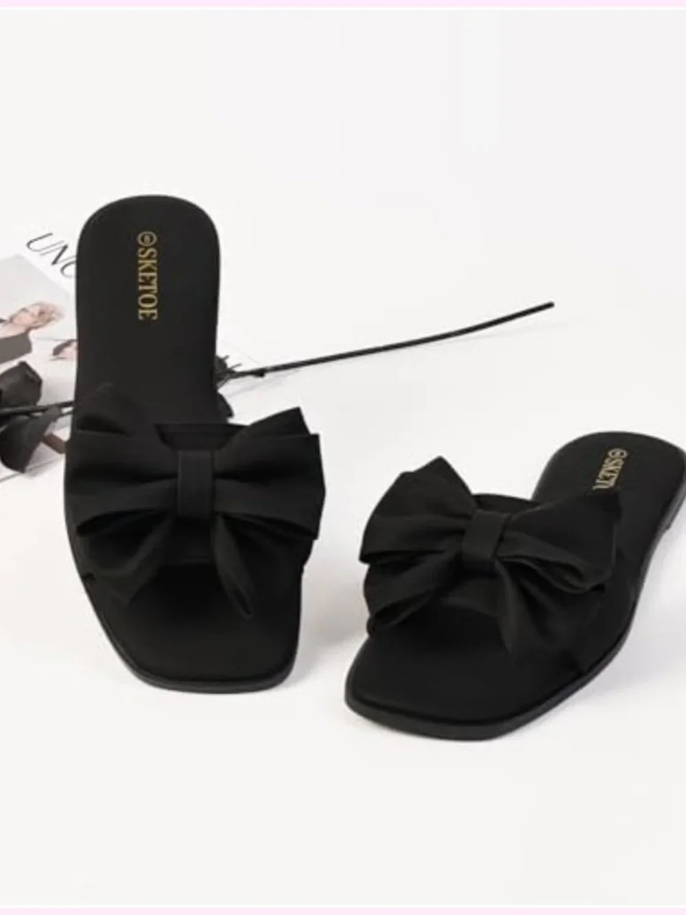 Women's Bow Flat Sandals Open Square Toe Comfortable Slide for Wedding Beach